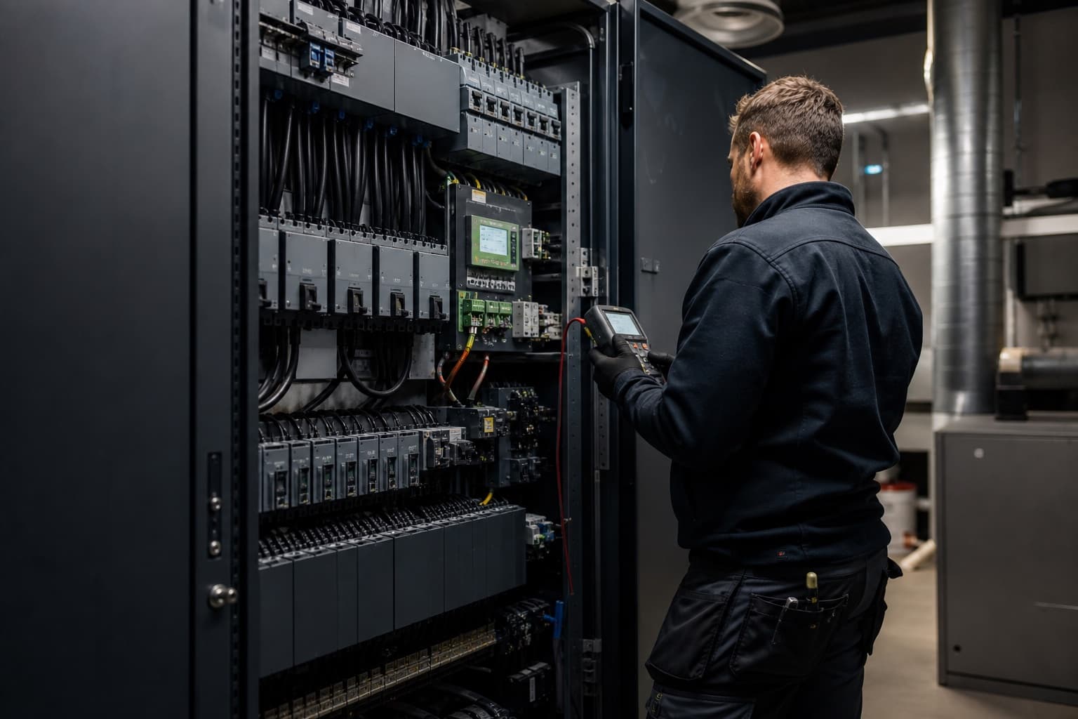 Tekniker kontrollerer eltavle og energiovervågning i et erhvervsteknikrum